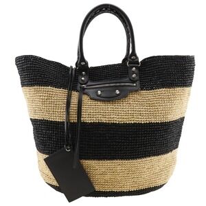 Balenciaga Basket Bag Black Beige Tan Raffia Border Open